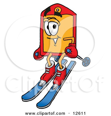 Clipart Picture of a Price Tag Mascot Cartoon Character Skiing Downhill by Mascot Junction