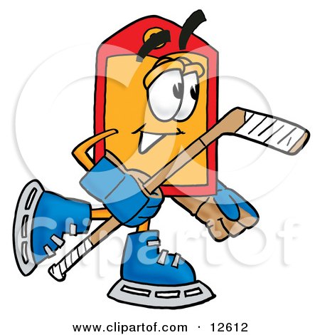Clipart Picture of a Price Tag Mascot Cartoon Character Playing Ice Hockey by Mascot Junction