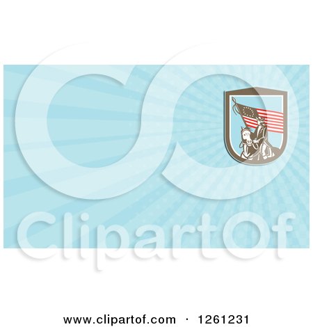 Clipart of a Woodcut Horseback Revolutionary Soldier with an American Flag Background or Business Card Design - Royalty Free Illustration by patrimonio