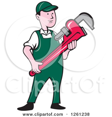 Clipart of a Cartoon Plumber Holding a Monkey Wrench - Royalty Free Vector Illustration by patrimonio