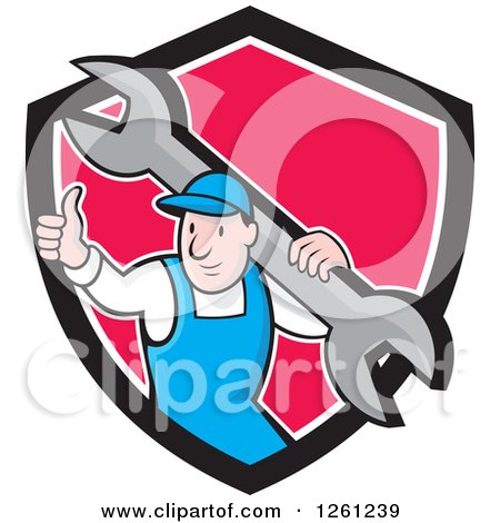 Clipart of a Cartoon White Male Plumber Holding a Thumb up and Giant Wrench in a Black White and Pink Shield - Royalty Free Vector Illustration by patrimonio