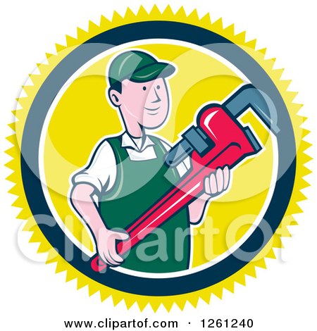 Clipart of a Cartoon Plumber Holding a Monkey Wrench in a Yellow Blue and White Circle - Royalty Free Vector Illustration by patrimonio