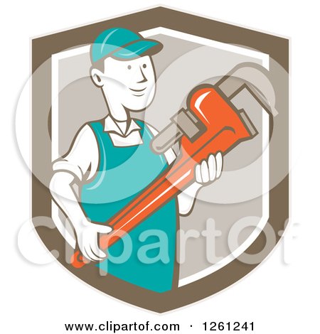 Clipart of a Retro Cartoon Plumber Holding a Monkey Wrench in a Brown Shield - Royalty Free Vector Illustration by patrimonio