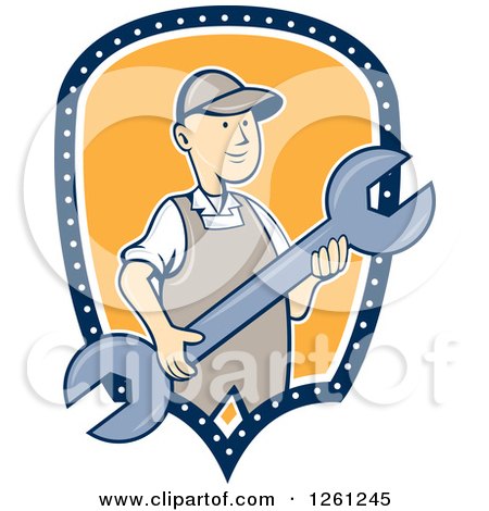 Clipart of a Retro Cartoon Man Holding a Spanner Wrench in a Blue White and Yellow Shield - Royalty Free Vector Illustration by patrimonio