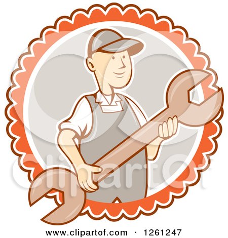 Clipart of a Retro Cartoon Man Holding a Spanner Wrench in a White Gray and Orange Circle - Royalty Free Vector Illustration by patrimonio