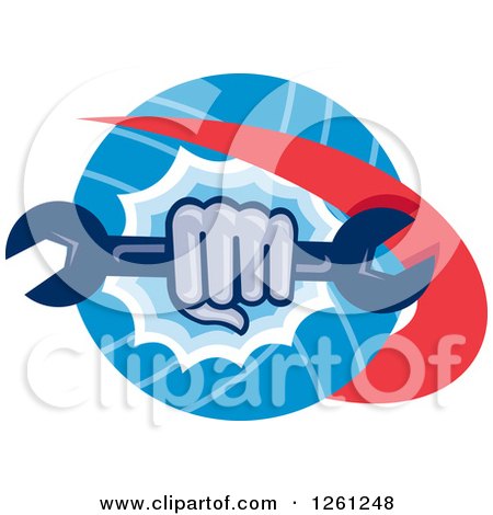 Clipart of a Retro Cartoon Hand Breaking Through a Circle with a Spanner Wrench - Royalty Free Vector Illustration by patrimonio