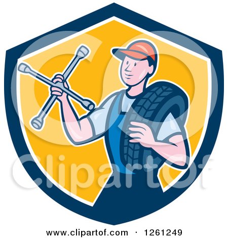Clipart of a Retro Male Mechanic Holding a Socket Wrench and a Tire in a Blue White and Yellow Shield - Royalty Free Vector Illustration by patrimonio