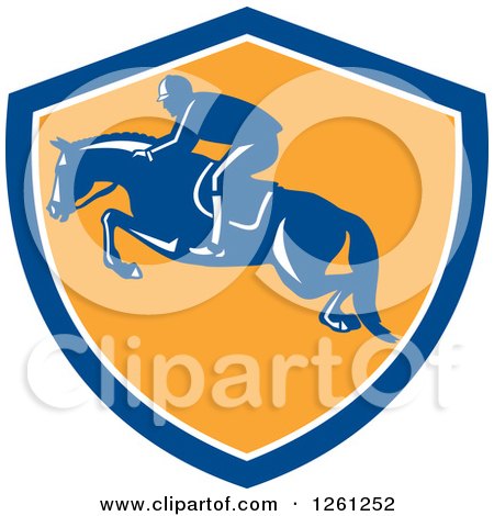 Clipart of a Retro Male Jockey on a Leaping Horse in a Blue White and Yellow Shield - Royalty Free Vector Illustration by patrimonio