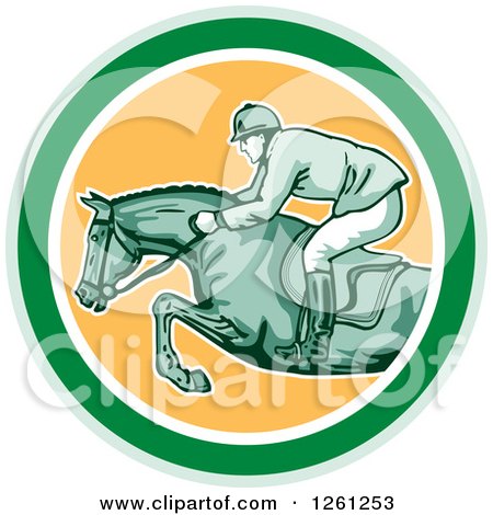 Clipart of a Retro Male Jockey on a Leaping Horse in a Green White and Yellow Circle - Royalty Free Vector Illustration by patrimonio