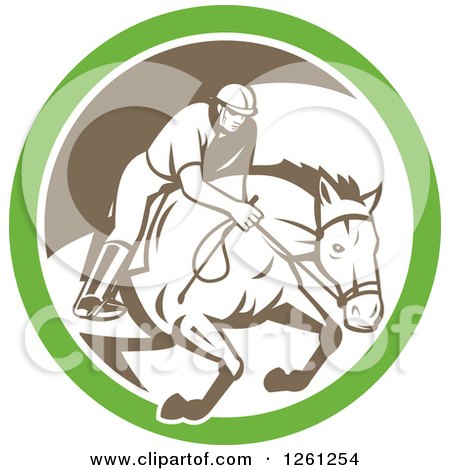 Clipart of a Retro Male Jockey on a Leaping Horse in a Green White and Brown Circle - Royalty Free Vector Illustration by patrimonio
