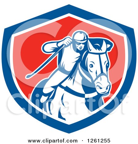 Clipart of a Retro Male Jockey Racing a Horse in a Blue White and Red Shield - Royalty Free Vector Illustration by patrimonio