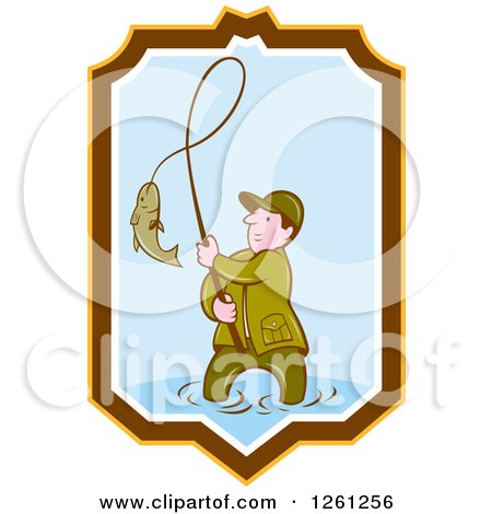 Clipart of a Cartoon Wading Fisherman Reeling in a Fish in a Yellow Brown White and Blue Shield - Royalty Free Vector Illustration by patrimonio