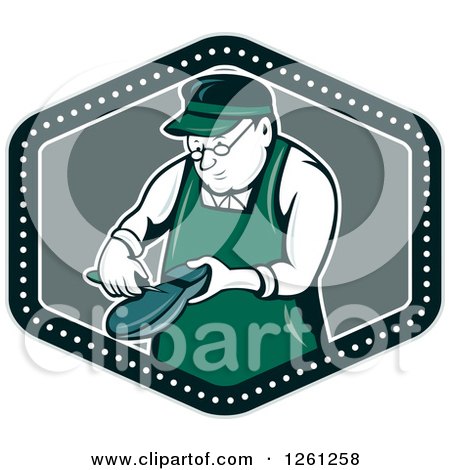Clipart of a Retro Cartoon Shoemaker Working in a Shield - Royalty Free Vector Illustration by patrimonio
