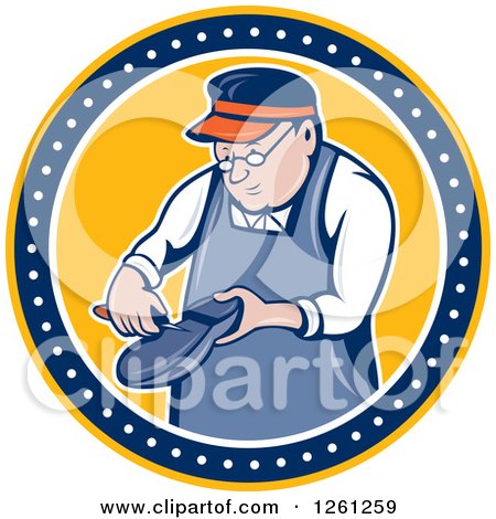 Clipart of a Retro Cartoon Shoemaker Working in a Yellow Blue and White Circle - Royalty Free Vector Illustration by patrimonio