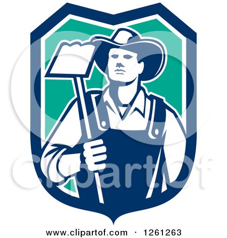 Clipart of a Retro Male Farmer Holding a Hoe in a Blue White and Turquoise Shield - Royalty Free Vector Illustration by patrimonio