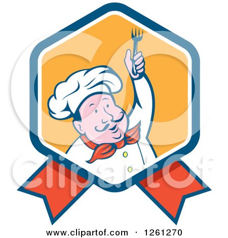 Clipart of a Cartoon Male Chef Holding up a Fork on a Ribbon - Royalty Free Vector Illustration by patrimonio
