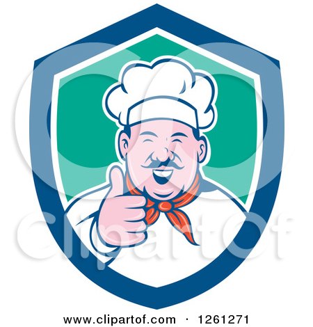 Clipart of a Cartoon Male Chef Holding a Thumb up in a Blue White and Green Shield - Royalty Free Vector Illustration by patrimonio
