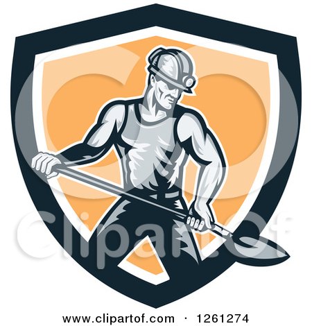 Clipart of a Retro Coal Miner Man Shoveling in a Black White and Orange Shield - Royalty Free Vector Illustration by patrimonio