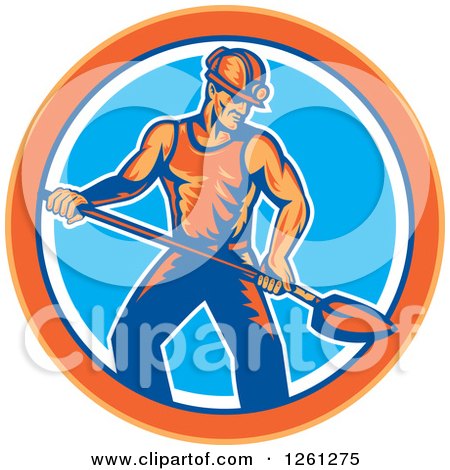 Clipart of a Retro Coal Miner Man Shoveling in an Orange Blue and White Circle - Royalty Free Vector Illustration by patrimonio