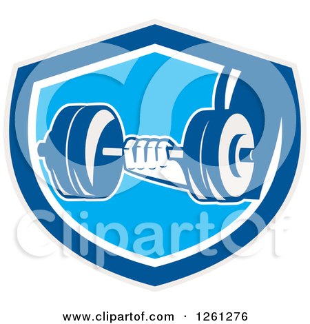 Clipart of a 3d Hand Holding a Dumbbell in a Blue Gray and White Shield - Royalty Free Vector Illustration by patrimonio