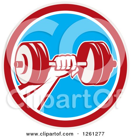Clipart of a Retro Bodybuilder's Hand Holding a Dumbbell in a Red White and Blue Circle - Royalty Free Vector Illustration by patrimonio