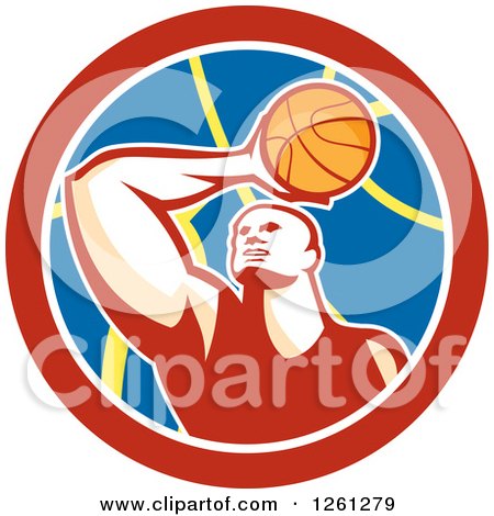 Clipart of a Basketball Player in a Circle - Royalty Free Vector Illustration by patrimonio