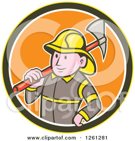 Cartoon Fireman with an Axe in a Yellow Brown White and Orange Circle Posters, Art Prints