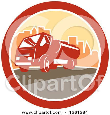 Clipart of a Retro Sewage Truck in a City Circle - Royalty Free Vector Illustration by patrimonio