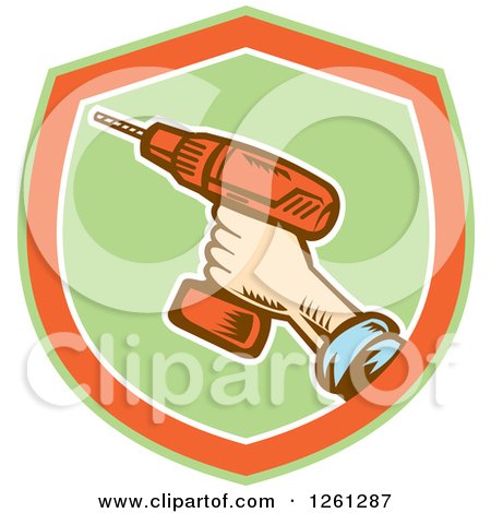 Clipart of a Retro Woodcut Hand Holding a Cordless Drill in a Green Orange and White Shield - Royalty Free Vector Illustration by patrimonio