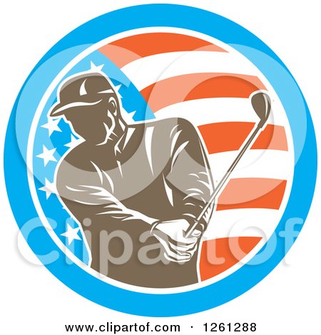 Clipart of a Retro Male Golfer Swinging in an American Flag Circle - Royalty Free Vector Illustration by patrimonio