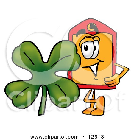 Clipart Picture of a Price Tag Mascot Cartoon Character With a Green Four Leaf Clover on St Paddy's or St Patricks Day by Mascot Junction