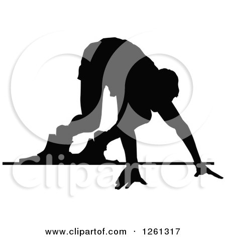 Clipart of a Black Silhouetted Male Athlete Sprinter at the Start Line - Royalty Free Vector Illustration by Chromaco