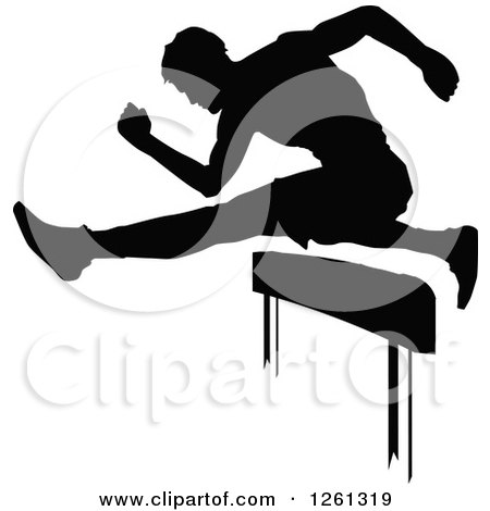 Clipart of a Black Silhouetted Male Athlete Runner Leaping over a Hurdle - Royalty Free Vector Illustration by Chromaco