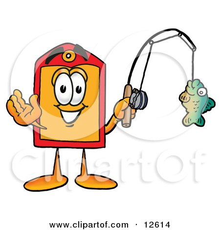 Clipart Picture of a Price Tag Mascot Cartoon Character Holding a Fish on a Fishing Pole by Mascot Junction