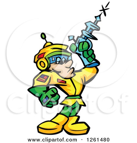 Clipart of a Space Man Shooting a Ray Gun - Royalty Free Vector Illustration by Chromaco