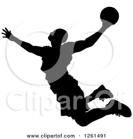 Clipart of a Black Silhouetted Basketball Player in Action - Royalty Free Vector Illustration by Chromaco