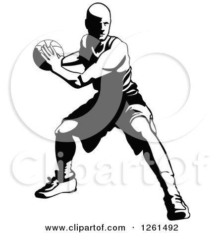 Clipart of a Black and White Basketball Player in Action - Royalty Free Vector Illustration by Chromaco