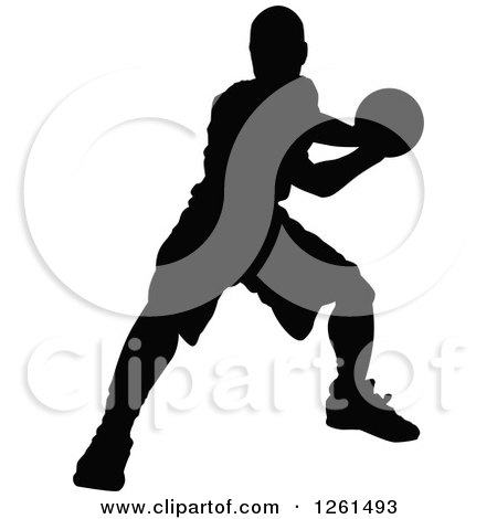 Clipart of a Black Silhouetted Basketball Player in Action - Royalty Free Vector Illustration by Chromaco