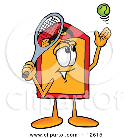 Clipart Picture of a Price Tag Mascot Cartoon Character Preparing to Hit a Tennis Ball by Mascot Junction