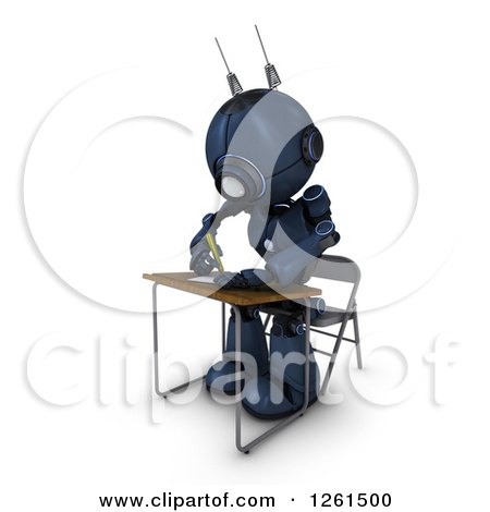 Clipart of a 3d Blue Android Robot Student Writing at a Desk - Royalty Free Illustration by KJ Pargeter
