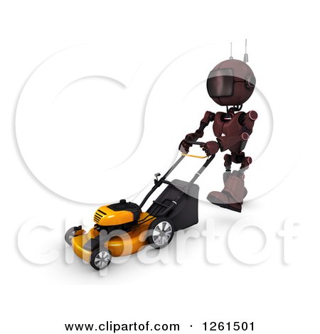 Clipart of a 3d Blue Android Robot Pushing a Lawn Mower - Royalty Free Illustration by KJ Pargeter