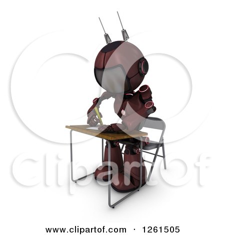 Clipart of a 3d Red Android Robot Student Writing at a Desk - Royalty Free Illustration by KJ Pargeter