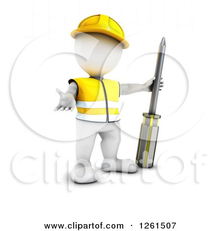 Clipart of a 3d White Man Construction Worker with a Giant Screwdriver - Royalty Free Vector Illustration by KJ Pargeter