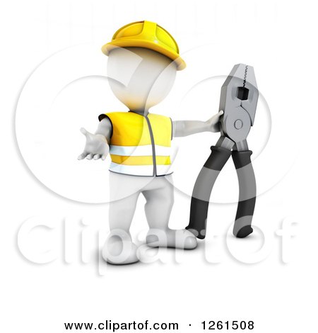 Clipart of a 3d White Man Construction Worker with a Giant Pair of Pliers - Royalty Free Vector Illustration by KJ Pargeter