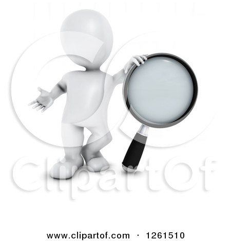 Clipart of a 3d White Man with a Giant Magnifying Glass - Royalty Free Illustration by KJ Pargeter