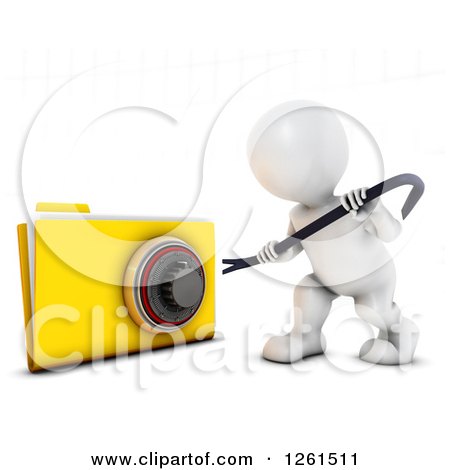 Clipart of a 3d White Man Trying to Pry Open a Secure File - Royalty Free Vector Illustration by KJ Pargeter