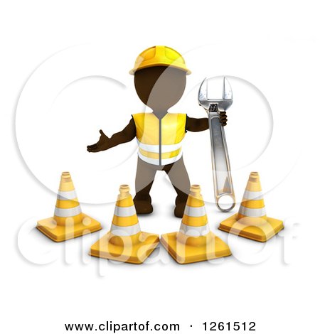 Clipart of a 3d Brown Man Construction Worker with Cones and a Giant Wrench - Royalty Free Vector Illustration by KJ Pargeter