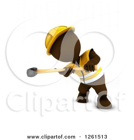 Clipart of a 3d Brown Man Construction Worker Using a Sledgehammer - Royalty Free Vector Illustration by KJ Pargeter