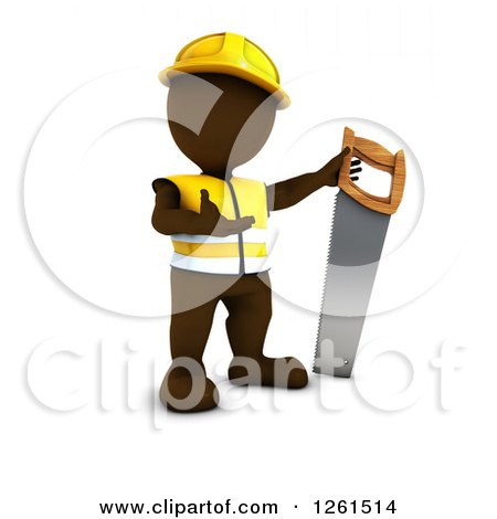 Clipart of a 3d Brown Man Construction Worker with a Giant Saw - Royalty Free Vector Illustration by KJ Pargeter
