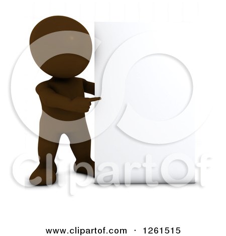 Clipart of a 3d Brown Man Pointing to a Blank Sign - Royalty Free Vector Illustration by KJ Pargeter